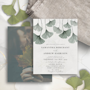 Budget Green Watercolor Ginkgo Wedding Invitation
