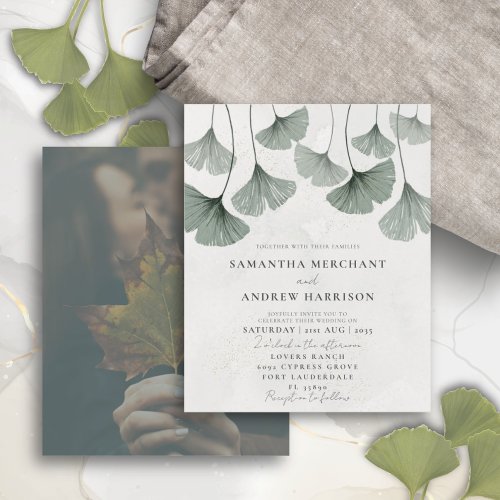 Budget Green Watercolor Ginkgo Wedding Invitation