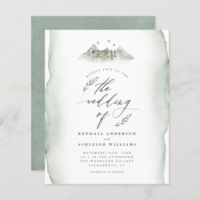 Budget Green Watercolor Leaves & Mountain Wedding (Front/Back)