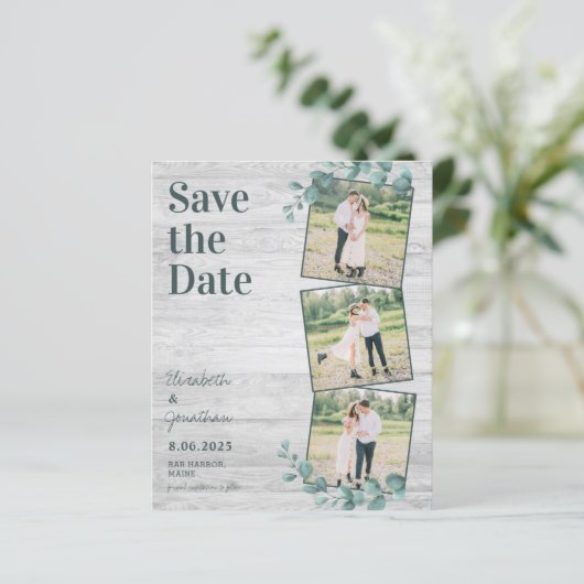 Budget Greenery 3 Photo Save The Date Postcard (Standing Front)