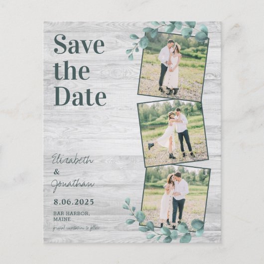 Budget Greenery 3 Photo Save The Date Postcard (Front)