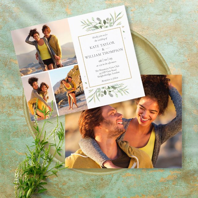Budget Greenery 4 Photos Wedding Invitation (Creator Uploaded)