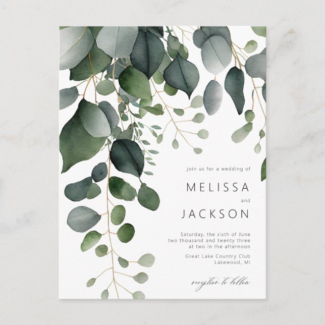 Budget Greenery and Eucalyptus Wedding Invitation Postcard (Front)