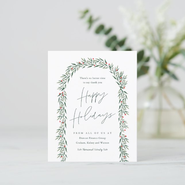Budget Greenery Arch Script Business Holiday Card (Standing Front)