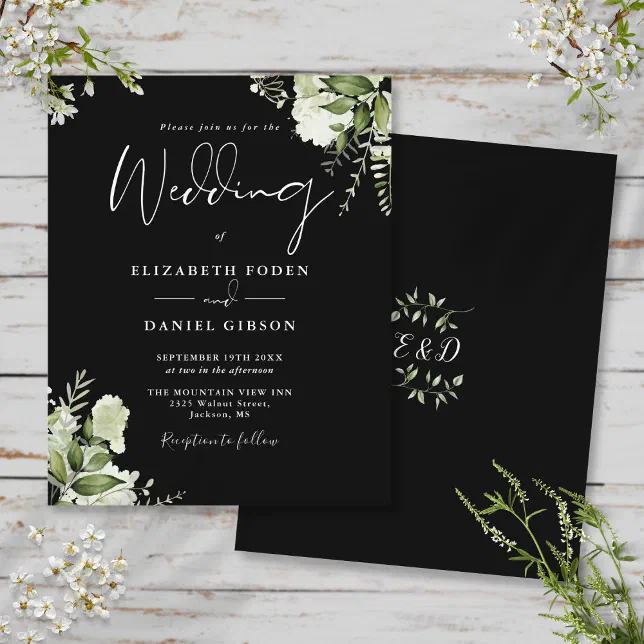 Budget Greenery Black White Wedding Invitation | Zazzle