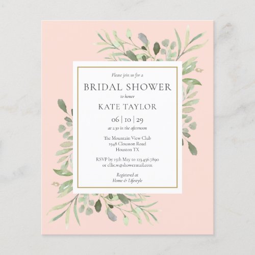 Budget Greenery Blush Pink Bridal Shower Invite - Featuring delicate watercolor greenery leaves on a blush pink background, this chic budget bridal shower invitation can be personalized with your special bridal shower information. Designed by Thisisnotme©