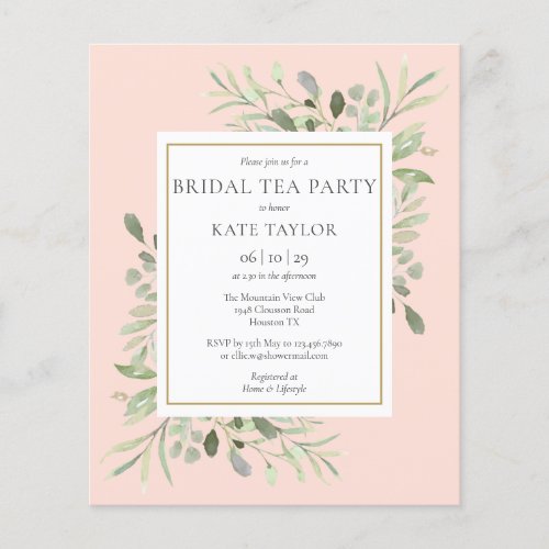 Budget Greenery Blush Pink Bridal Tea Party Invite - Featuring delicate watercolor leaves on a blush pink background, this chic budget bridal tea party invitation can be personalized with your special details. Designed by Thisisnotme©