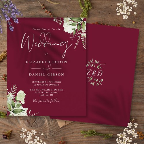 Budget Greenery Burgundy Wedding Invitation