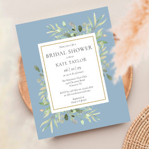 Budget Greenery Dusty Blue Bridal Shower Invite
