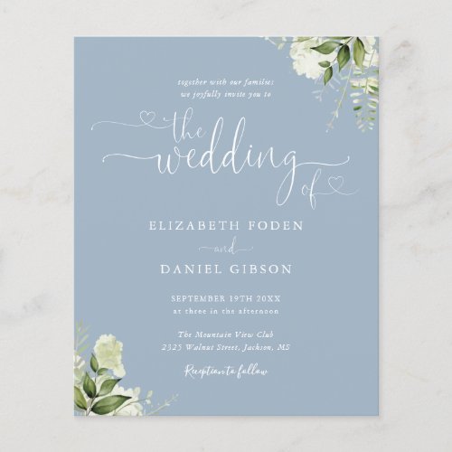 Budget Greenery Dusty Blue Wedding Invitation