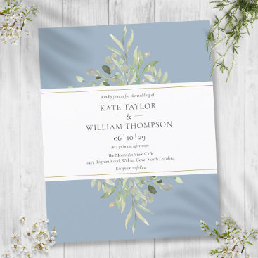 Budget Greenery Dusty Blue Wedding Invitation