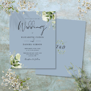 Budget Greenery Dusty Blue Wedding Invitation
