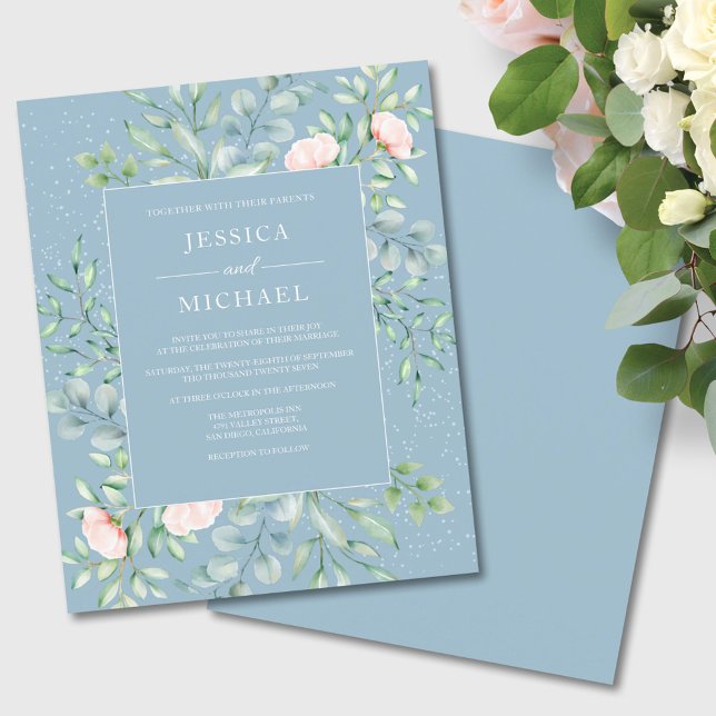 Budget Greenery Dusty Blue Wedding Invitation (Creator Uploaded)