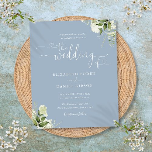 Budget Greenery Dusty Blue Wedding Invitation