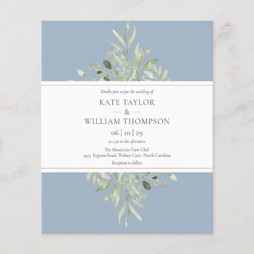 Budget Greenery Dusty Blue Wedding Invitation | Zazzle