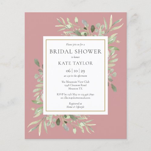 Budget Greenery Dusty Rose Bridal Shower Invite - Featuring delicate watercolor greenery leaves on a dusty rose background, this chic budget bridal shower invitation can be personalized with your special bridal shower information. Designed by Thisisnotme©