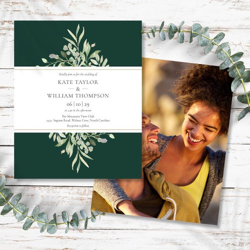 Budget Greenery Emerald Wedding Photo Invitation