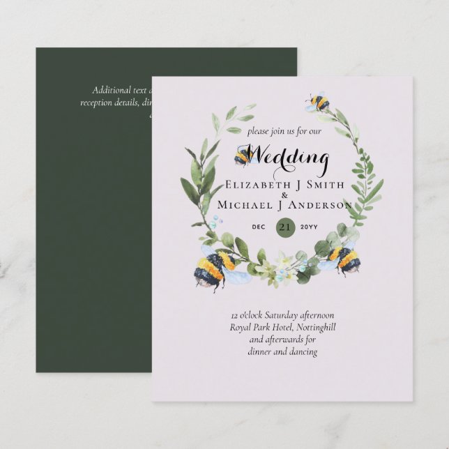 BUDGET Greenery Eucalyptus Bees Wedding Invites (Front/Back)