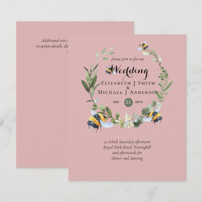 BUDGET Greenery Eucalyptus Bees Wedding Invites (Front/Back)