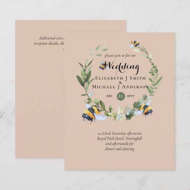 BUDGET Greenery Eucalyptus Bees Wedding Invites (Front/Back)