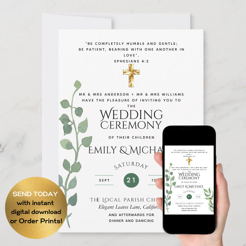 Budget Greenery Eucalyptus Catholic Wedding Invite
