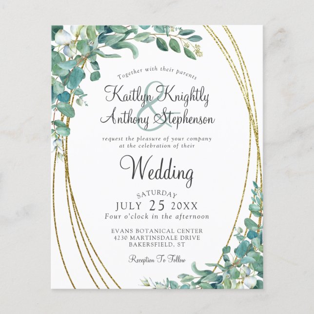 Budget Greenery Eucalyptus Gold Wedding Invitation (Front)