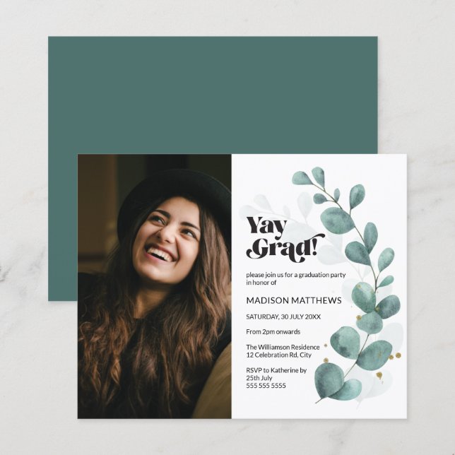 Budget Greenery Eucalyptus Photo Grad Party Invite (Front/Back)