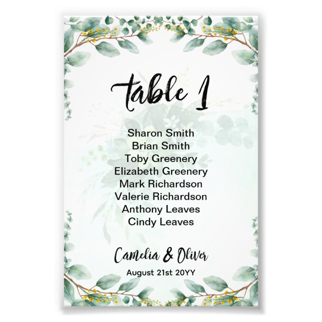 BUDGET Greenery Eucalyptus SEATING CHART Wedding Photo Print (Front)