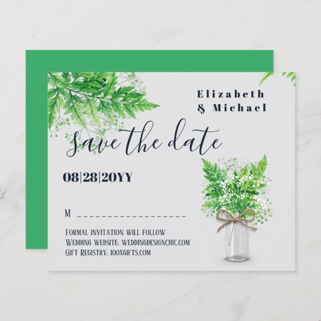 BUDGET Greenery Ferns Wedding Save The Dates (Front/Back)
