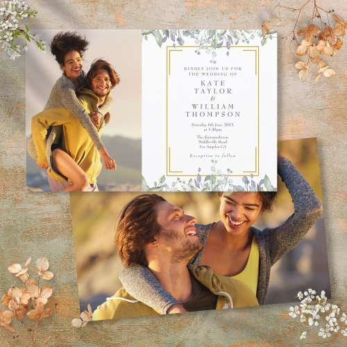 Budget Greenery Floral 2 Photo Wedding Invitation