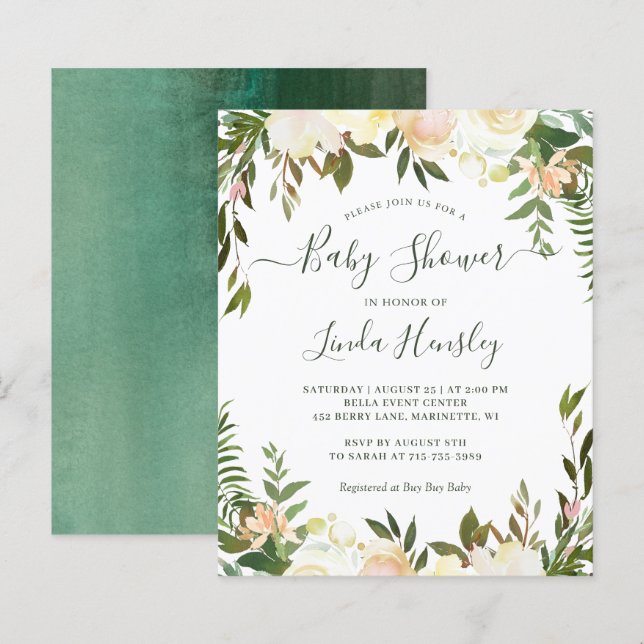 Budget Greenery Floral Baby Shower Invitations (Front/Back)