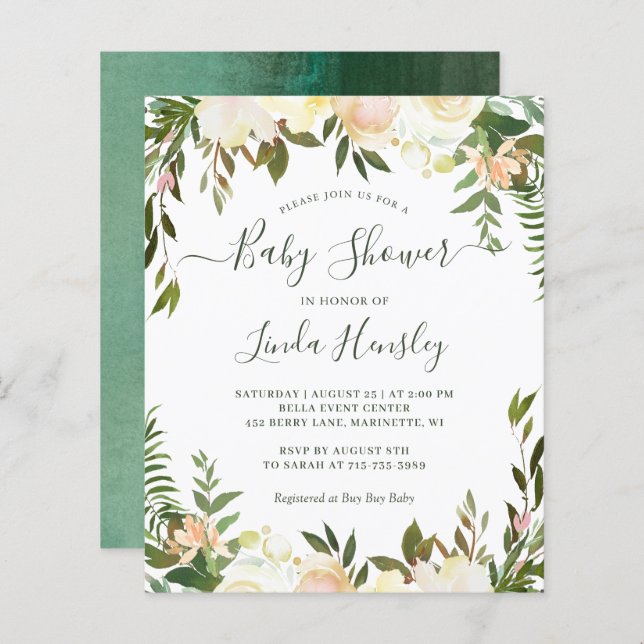 Budget Greenery Floral Baby Shower Invitations (Front/Back)