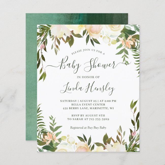 Budget Greenery Floral Baby Shower Invitations