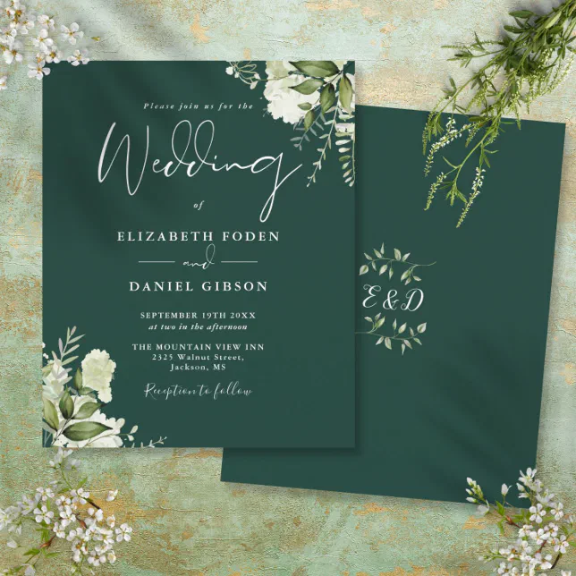 Budget Greenery Floral Emerald Wedding Invitation | Zazzle