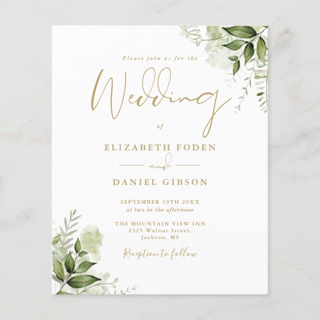Budget Greenery Floral Gold Wedding Invitation (Front)