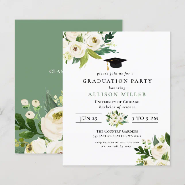 Budget Greenery Floral Graduation Invitation | Zazzle