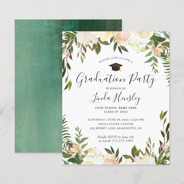 Budget Greenery Floral Graduation Party Invitation (Front/Back)