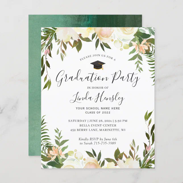 Budget Greenery Floral Graduation Party Invitation Zazzle