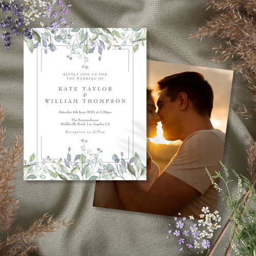 Budget Greenery Floral Wedding Photo Invitation