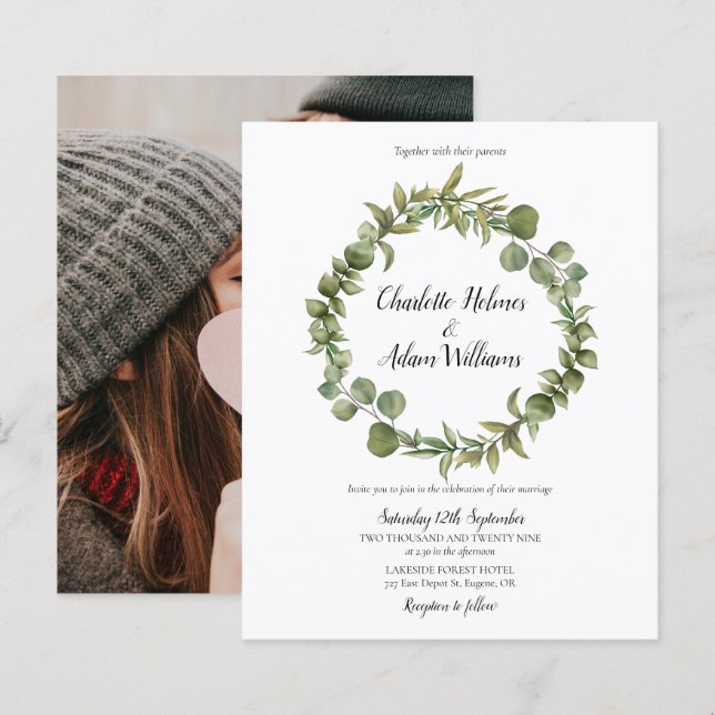 Budget Greenery Foliage Photo Wedding Invitation (Front/Back)