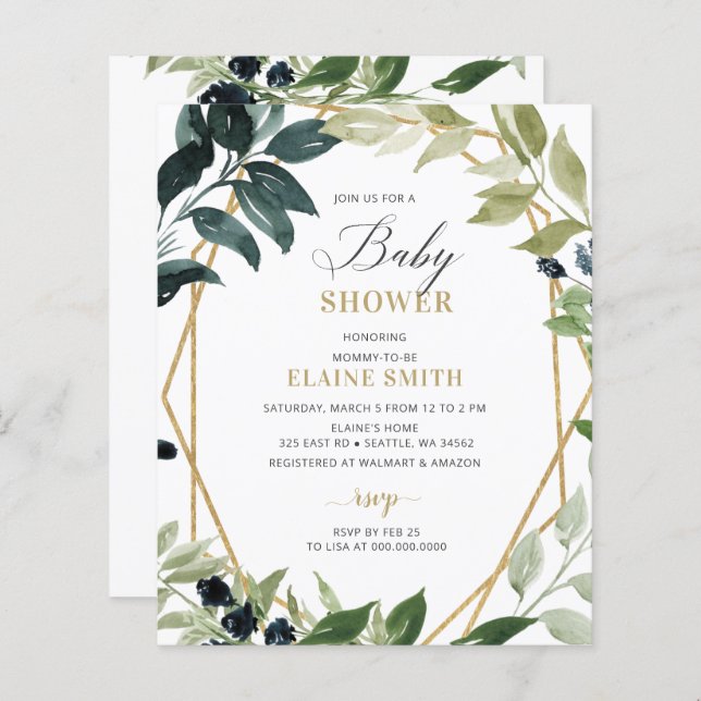 Budget Greenery Geometric Baby Shower Invitation (Front/Back)