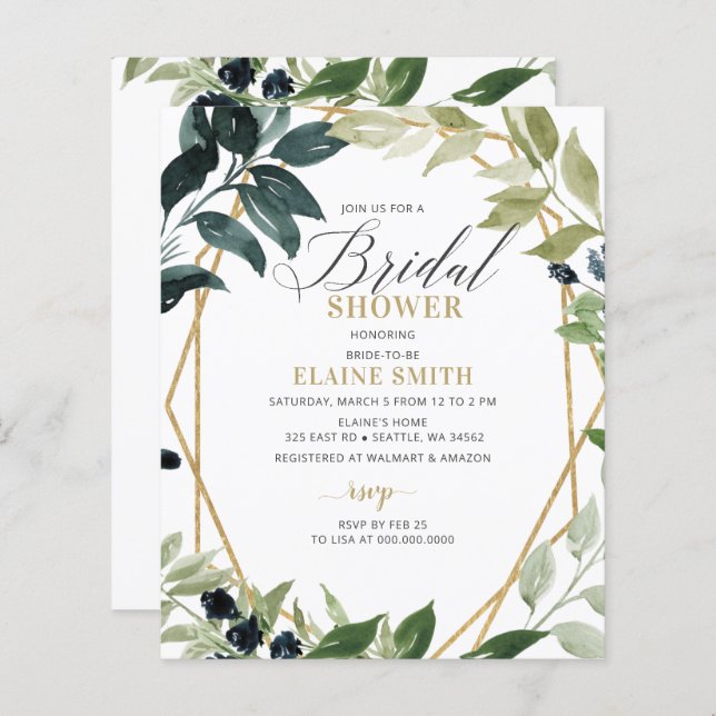 Budget Greenery Geometric Bridal Shower Invitation (Front/Back)
