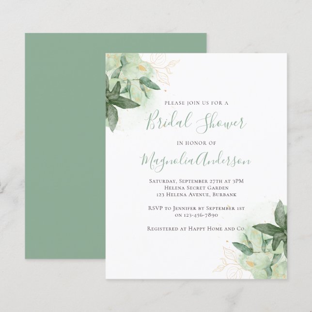 Budget Greenery Gold Bridal Shower Invitation (Front/Back)