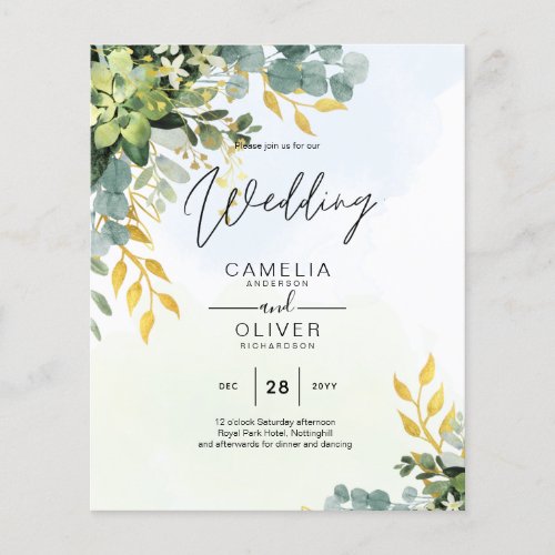 BUDGET Greenery Gold Eucalyptus Leaves Wedding Flyer