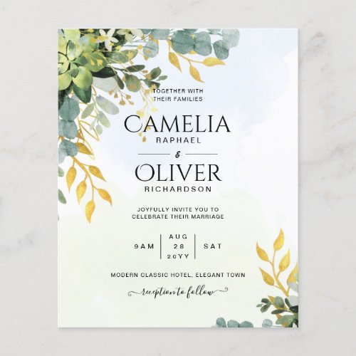 BUDGET Greenery Gold Eucalyptus Leaves Wedding Flyer