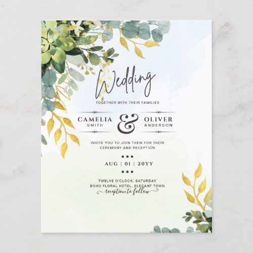 BUDGET Greenery Gold Eucalyptus Leaves Wedding Flyer