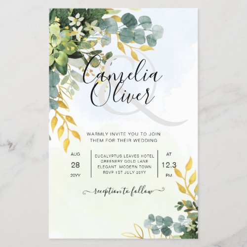 BUDGET Greenery Gold Eucalyptus Leaves Wedding Flyer