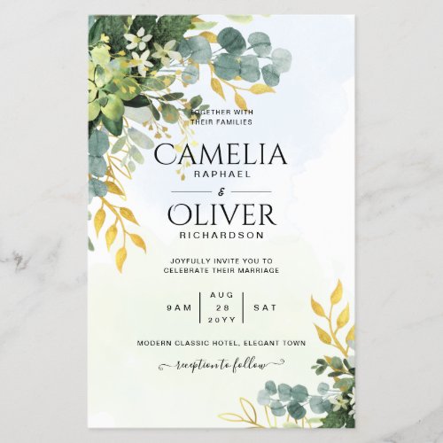 BUDGET Greenery Gold Eucalyptus Leaves Wedding Flyer