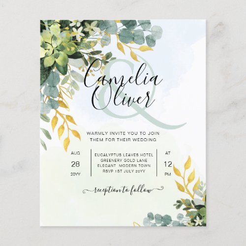 BUDGET Greenery Gold Eucalyptus Leaves Wedding Flyer