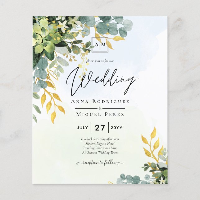 BUDGET Greenery Gold Eucalyptus Leaves Wedding Flyer (Front)